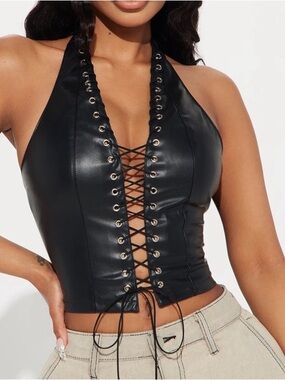 Fashion Nova Black Lace-Up  Leather Halter Top